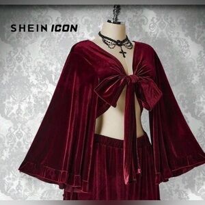 🆕 Boho Burgundy Tie-Front Velvet Crop Top with Bell Sleeves, 2XL